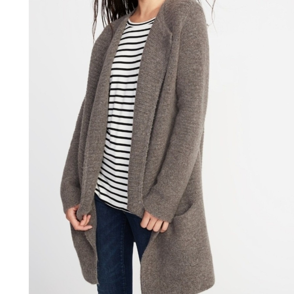 Old Navy Garter Stitch Mushroom Gray Open Front Relaxed Cardigan Pockets Size S